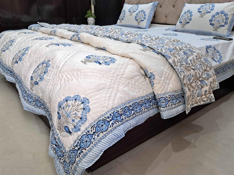 Hand Block Print Cotton Quilt, Red Green Floral Bedspread Lightweight Bedding Twin Queen King image 14