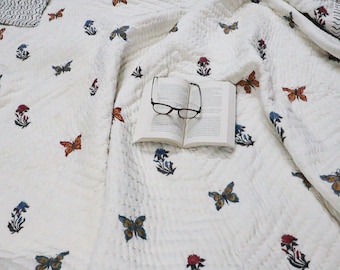 Edredón Kantha indio bohemio blanco, hecho a mano, reversible, colcha de tela con estampado de bloques, edredón bohemio para camas individuales, queen y king.