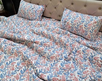 Juego de funda nórdica de algodón con estampado floral rosa suave – Ropa de cama Cottagecore hecha a mano