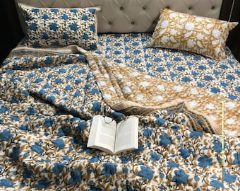 Edredón de algodón con estampado floral turquesa, juego de edredón con estampado a mano - Colcha tamaño queen/king