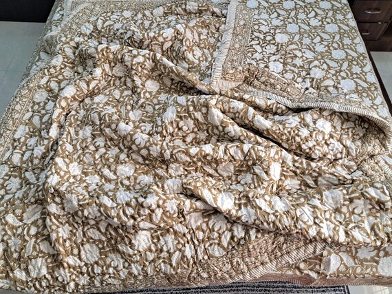 Hand Block Print Quilt | Brown Floral Boho Throw Blanket | Handmade Cotton Bedding