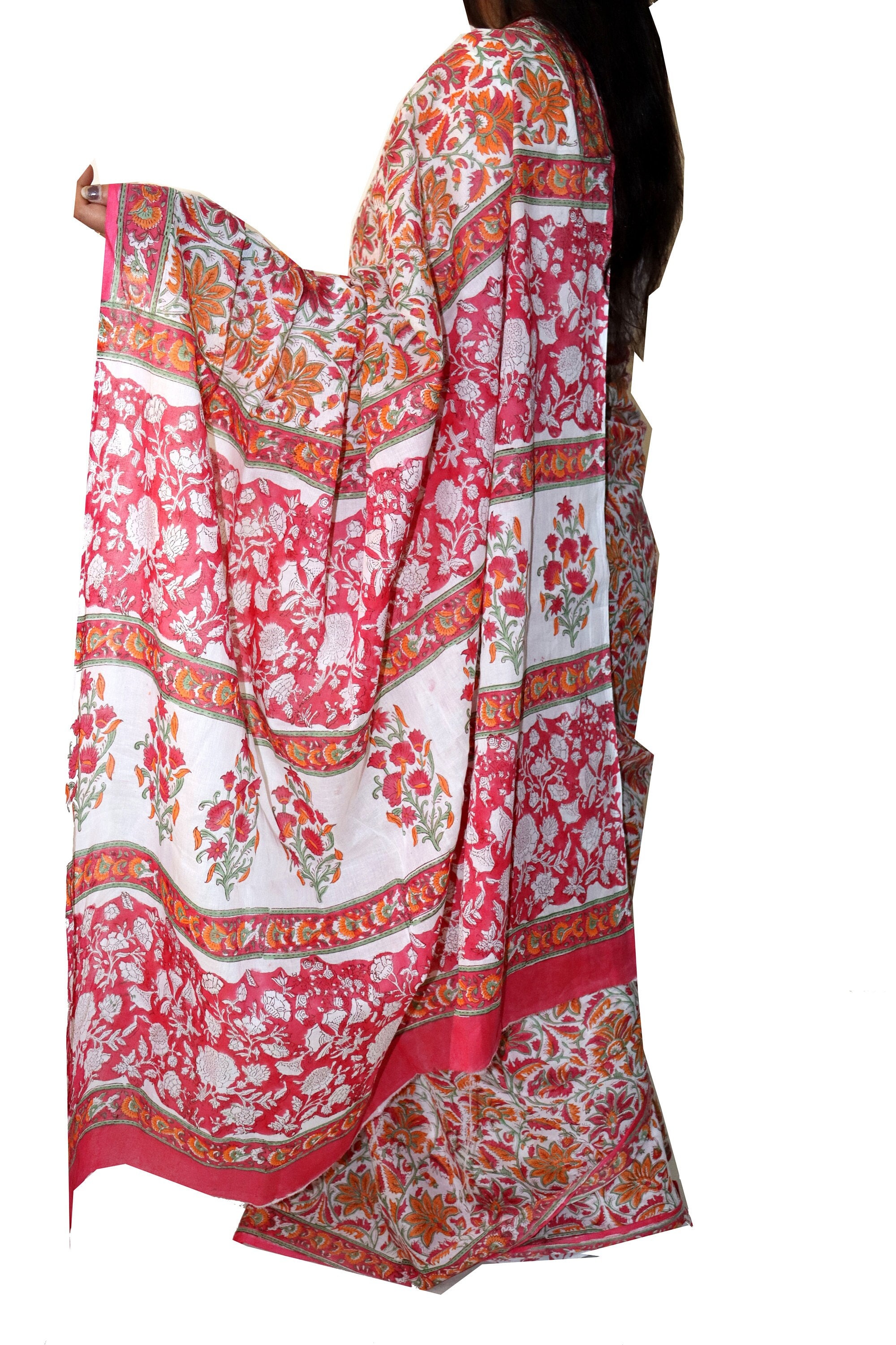 Premium Blockprinted rosa Baumwolle Saree für Damen | Handgefertigter Mulmul Saree aus Baumwolle mit Blusenteil Valentinstag Geschenk für Frauen
