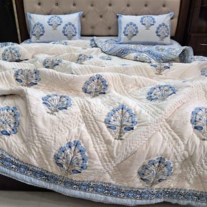 Hand Block Print Cotton Quilt, Red Green Floral Bedspread Lightweight Bedding Twin Queen King image 17