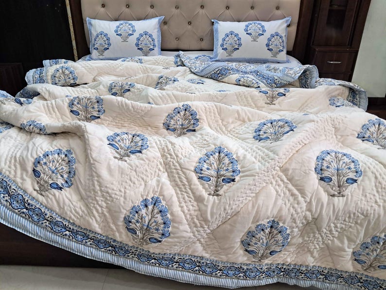Hand Block Print Cotton Quilt, Red Green Floral Bedspread Lightweight Bedding Twin Queen King image 17