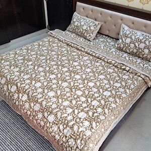 Brown Floral Block Print Quilt, Handmade Reversible Cotton Kantha Bedspread image 7