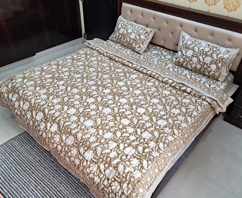 Brown Floral Block Print Quilt, Handmade Reversible Cotton Kantha Bedspread image 7