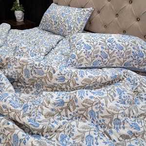 Hellblaue Wildblumen Bettwäsche-Set - Französische Landhausbettwäsche - Floraler Boho Steppbezug mit Kissenbezügen - Weicher Baumwolltröster