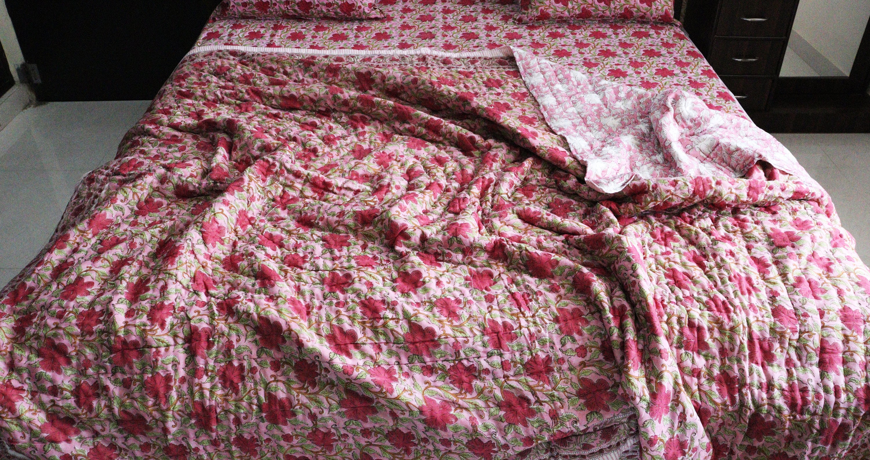 Quilt Block Print Pink Floral Jaipuri Razai Red/pink Reversible ...