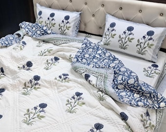 Indian Block Print Cotton Quilt Coverlet, Blue Floral Bedspread, Twin Queen King Bedding