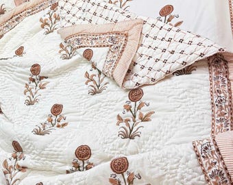 Jaipur Hand Block Print Cotton Quilt | Brown Floral Bedspread | Twin Queen King Bedding