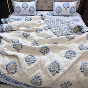 Hand Block Print Cotton Quilt, Red Green Floral Bedspread Lightweight Bedding Twin Queen King image 19