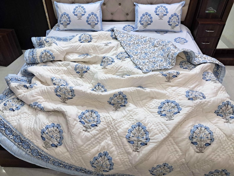 Hand Block Print Cotton Quilt, Red Green Floral Bedspread Lightweight Bedding Twin Queen King image 19