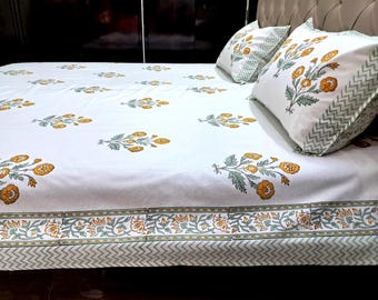 Indian Hand Block Print Cotton Bedsheet – King Queen Twin Size Indian Bedspread with Pillowcases