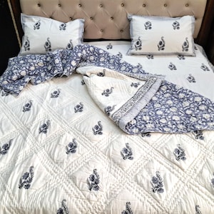 Dekbedset met handblokprint - twin, queen size, kingsize blauw en wit beddengoed - 100% katoenen sprei - boho chic ambachtelijke quiltdeken