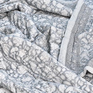 Hand Block Print Grey Cotton Quilt - Handmade King bedspread Floral Bedding Lightweight Coverlet