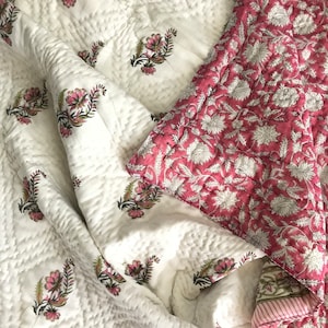Premium Pink Floral Jaipuri Block Print Razai, Reversible 100% Cotton Handmade Floral Boho Bedding King Size Bedspread Comforter Soft Quilts