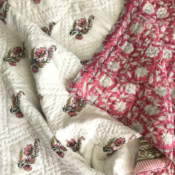 Premium Pink Floral Jaipuri Block Print Razai, Reversible 100% Cotton Handmade Floral Boho Bedding King Size Bedspread Comforter Soft Quilts