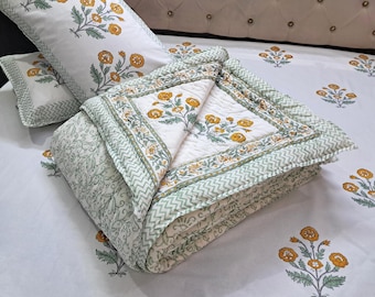 Indian Block Print Cotton Razai Quilt, Yellow Green Floral Bedspread Twin Queen King Cottagecore Bedding