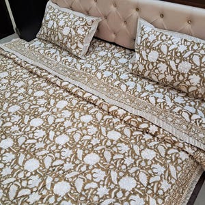 Brown Floral Block Print Quilt, Handmade Reversible Cotton Kantha Bedspread image 6