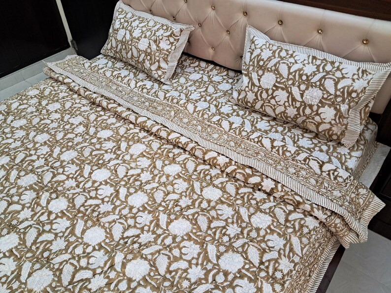 Brown Floral Block Print Quilt, Handmade Reversible Cotton Kantha Bedspread image 6