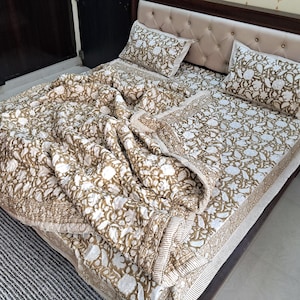 Brown Floral Block Print Quilt, Handmade Reversible Cotton Kantha Bedspread image 3