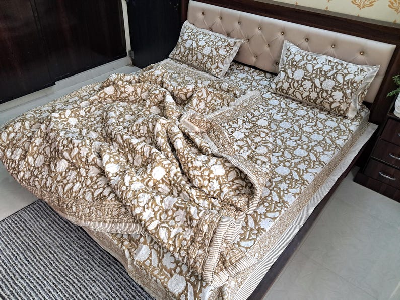 Brown Floral Block Print Quilt, Handmade Reversible Cotton Kantha Bedspread image 3