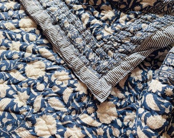 Hand Block Print Cotton Quilt - Handmade Reversible Jaipuri Razai, Twin Queen King Floral Bedspread