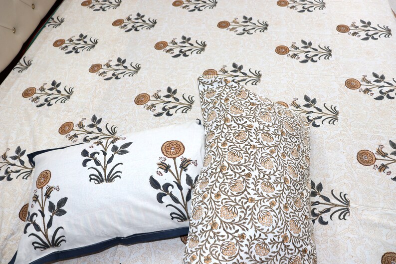 Indian Block Print Bedsheet Floral Print Bed Set Handmade Bedspread Pure Cotton Bed Sheets Luxury Bedding- Twin, Queen, King Size Bedding Blue
