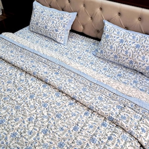 Housse de couette bleue à petites fleurs, housse de couette en coton imprimé bloc, décoration Boho Cottagecore