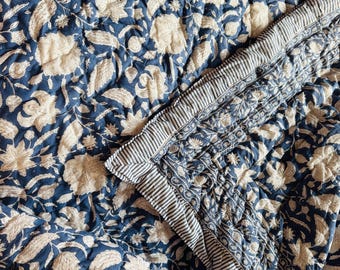 Soft Quilted Cotton Baby Blanket - Hand Block Print Crib Quilt - Lightweight Breathable Nursery Blanket