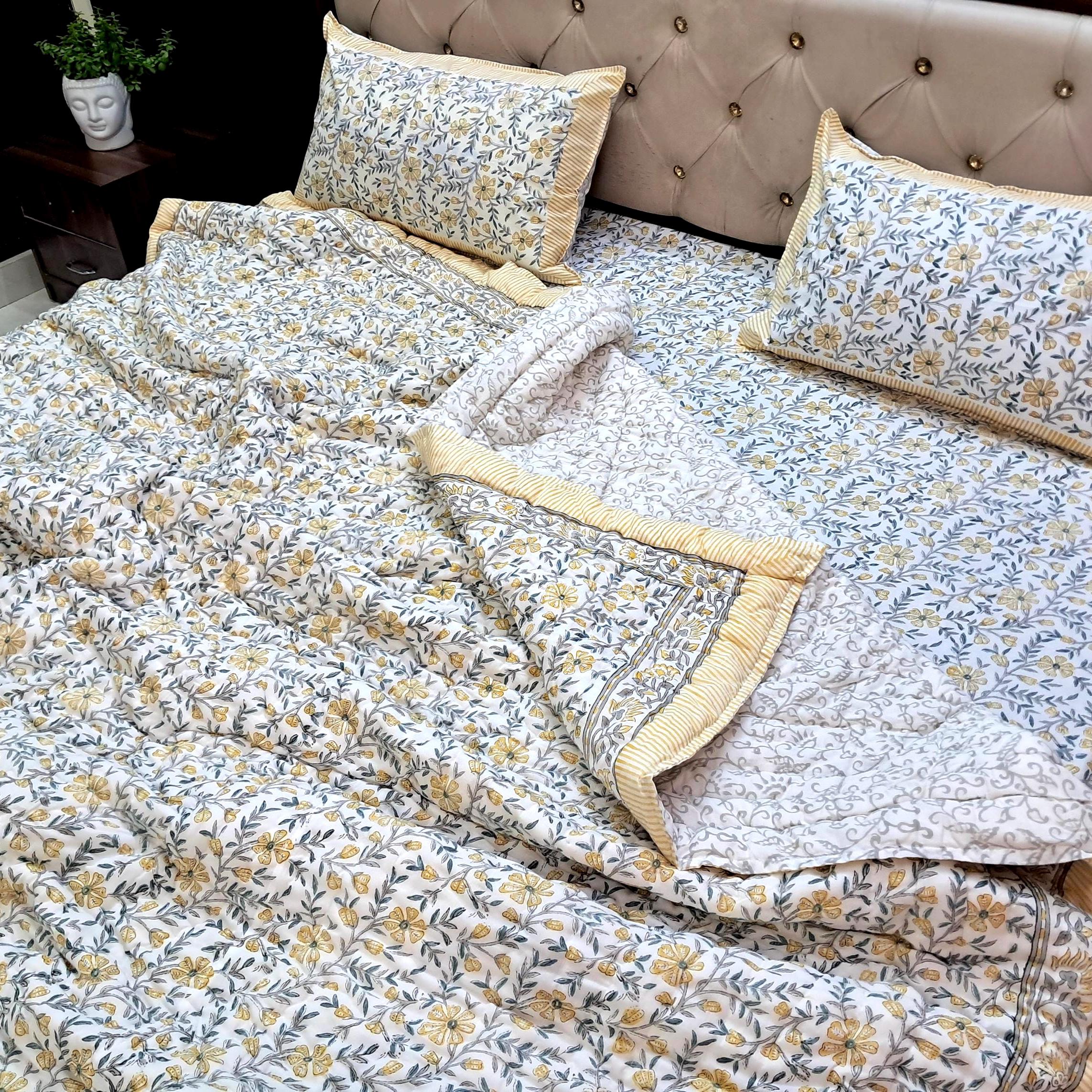 Botanical Block Print Quilt Comforter Set, Light Yellow Floral ...