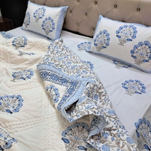 Hand Block Print Cotton Quilt, Red Green Floral Bedspread Lightweight Bedding Twin Queen King image 18