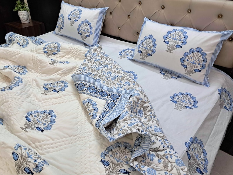 Hand Block Print Cotton Quilt, Red Green Floral Bedspread Lightweight Bedding Twin Queen King image 18