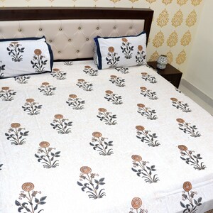 Indian Block Print Bedsheet Floral Print Bed Set Handmade Bedspread Pure Cotton Bed Sheets Luxury Bedding- Twin, Queen, King Size Bedding image 8