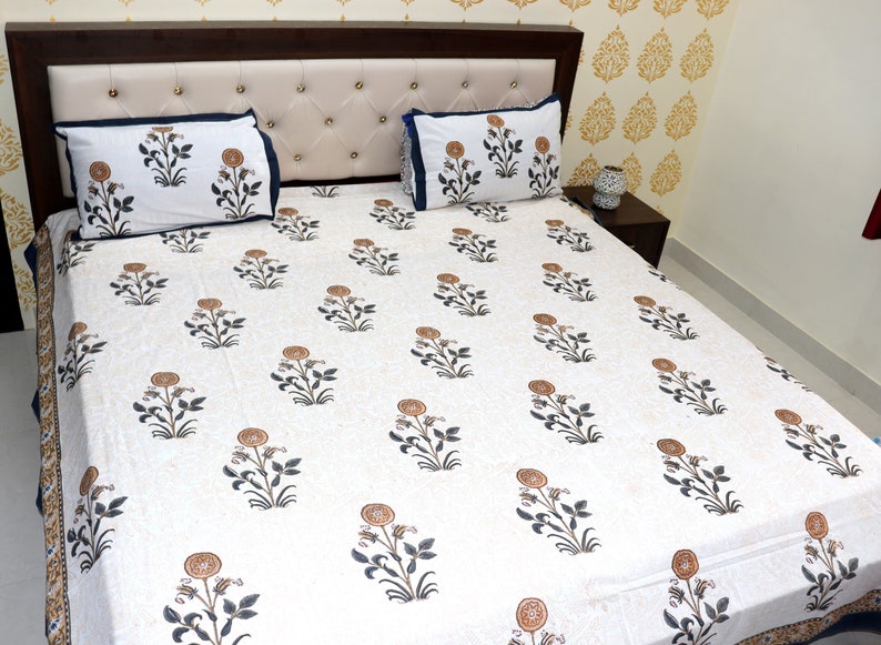 Indian Block Print Bedsheet Floral Print Bed Set Handmade Bedspread Pure Cotton Bed Sheets Luxury Bedding- Twin, Queen, King Size Bedding image 8