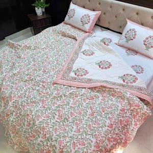 Super king handmade quilt with green vine floral print for boho farmhouse bedroom decor