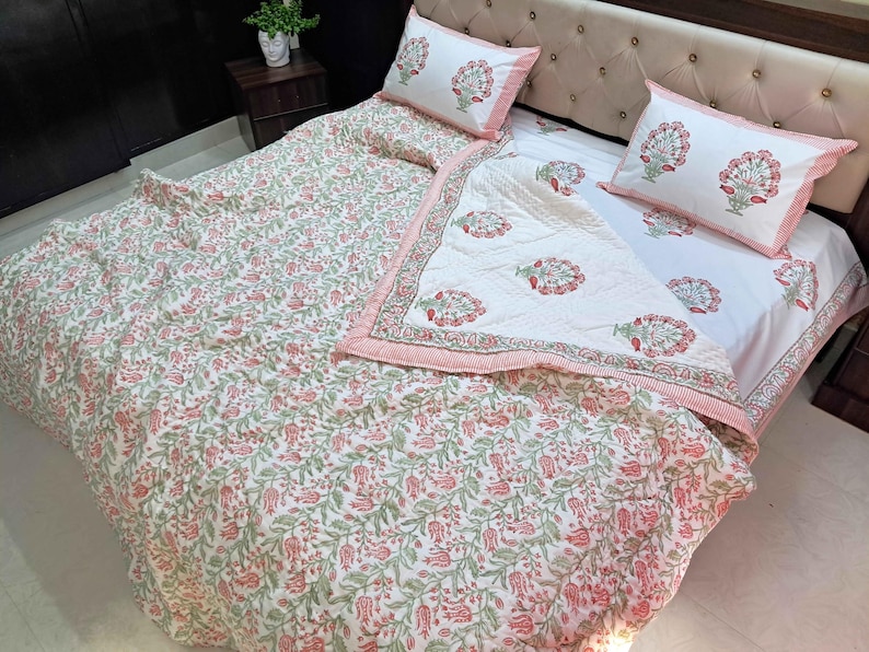 Super king handmade quilt with green vine floral print for boho farmhouse bedroom decor