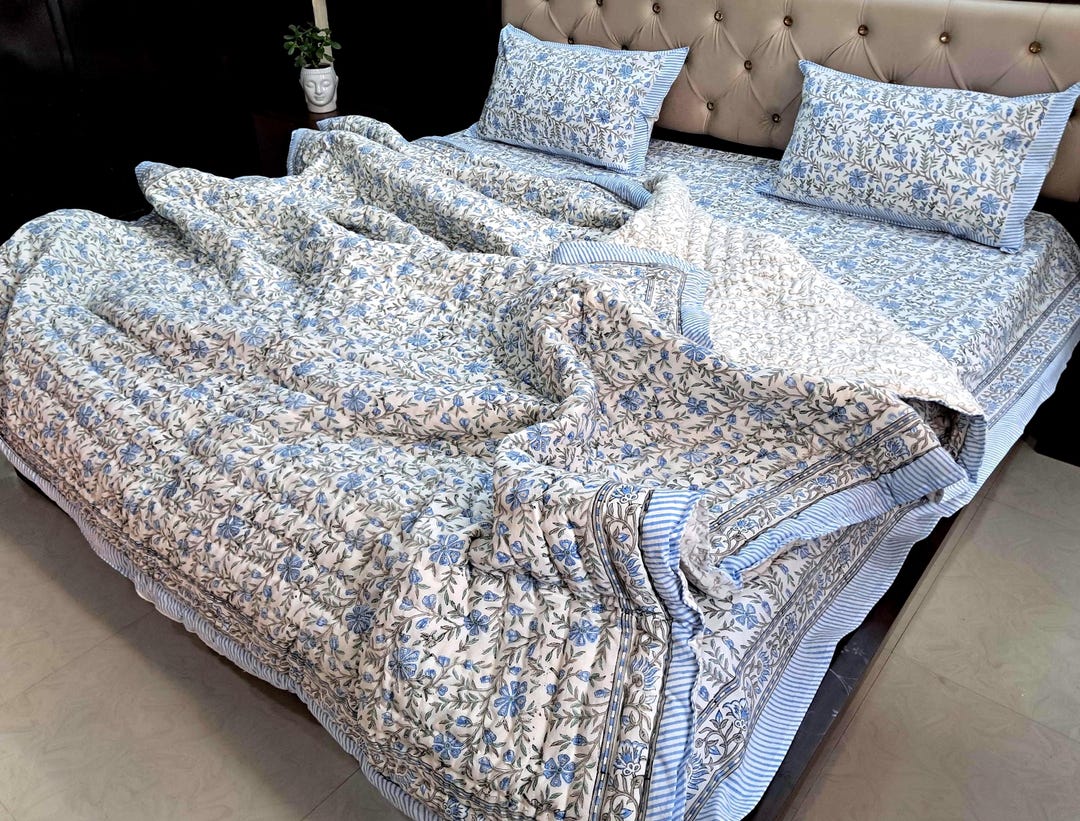 Block Print Quilt Comforter Set, Dusty Blue Floral Handmade Bedspread ...