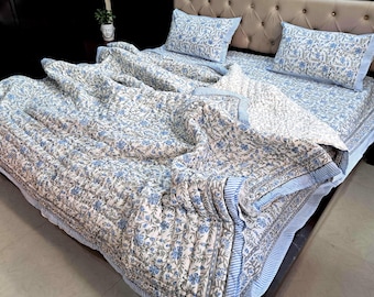 Juego de edredón con estampado de bloques, colcha floral azul empolvado hecha a mano, ropa de cama de algodón reversible