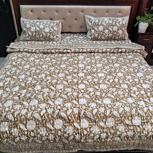 Brown Floral Block Print Quilt, Handmade Reversible Cotton Kantha Bedspread image 8