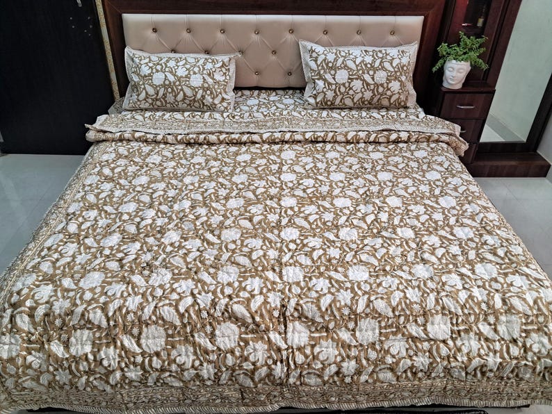 Brown Floral Block Print Quilt, Handmade Reversible Cotton Kantha Bedspread image 8