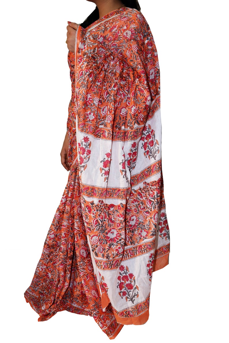 floral printed orange saree