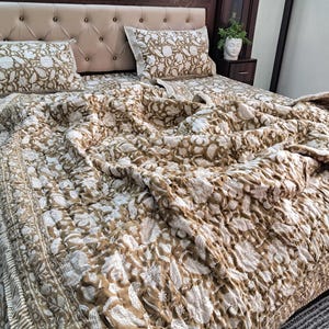 Brown Floral Block Print Quilt, Handmade Reversible Cotton Kantha Bedspread image 4
