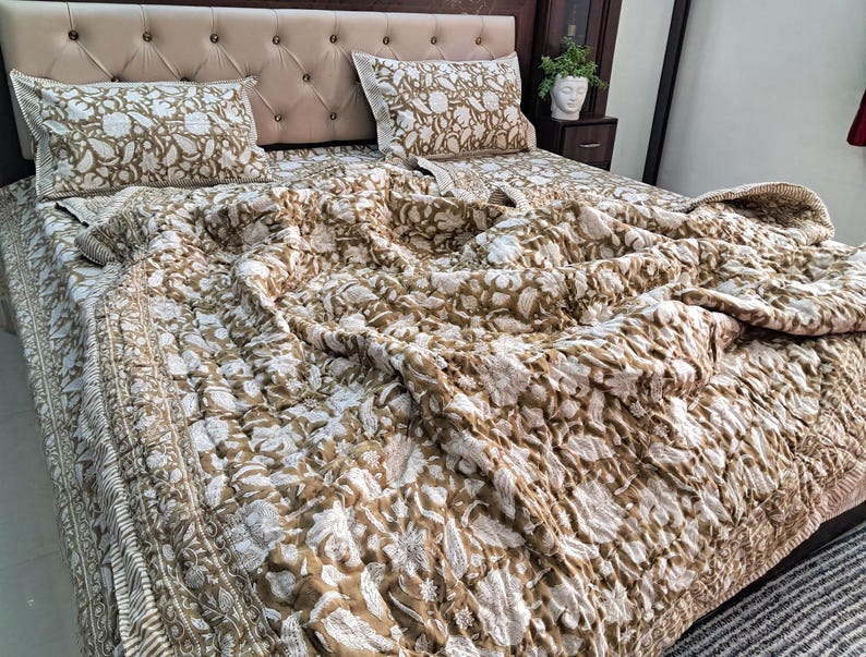 Brown Floral Block Print Quilt, Handmade Reversible Cotton Kantha Bedspread image 4
