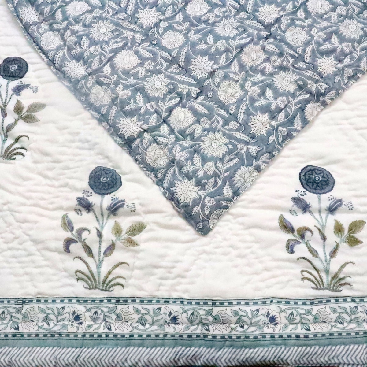 Handblock Quilt Pure Cotton Reversible Bed/sofa Throw Twin, Queen, King Size Comforter, Boho Blanket Blue Floral Quilted Botanical Bedspread - Etsy