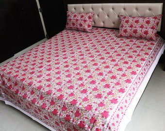 Pink Bedsheet with 2 Pillow Covers, King Size Bedsheet Hand Block Printed Cotton Sheets Bedroom Makeover with Pink Floral Bedding Gifts