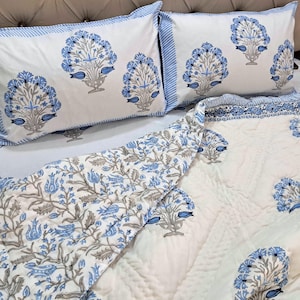 Hand Block Print Cotton Quilt, Red Green Floral Bedspread Lightweight Bedding Twin Queen King image 13