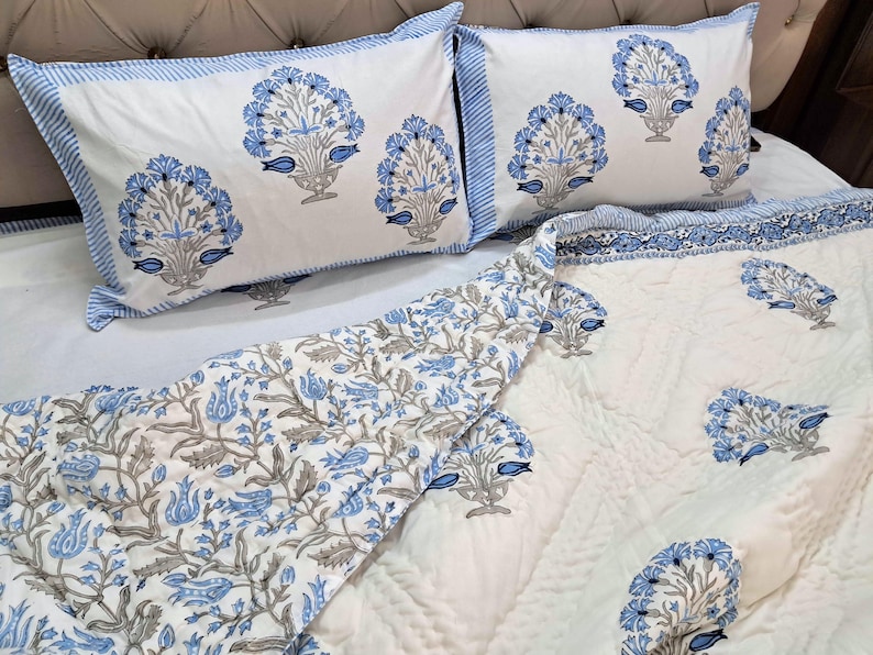 Hand Block Print Cotton Quilt, Red Green Floral Bedspread Lightweight Bedding Twin Queen King image 13