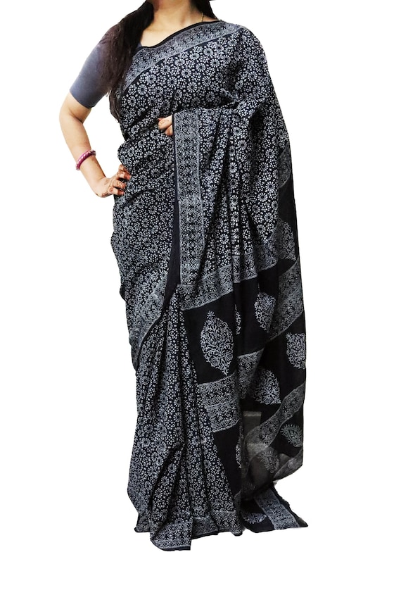 Block Print Black Saree for women Floral Print Saree Gift for Wife Cotton Mulmul Saree with Blouse Piece Party Wear Saree Christmas gift