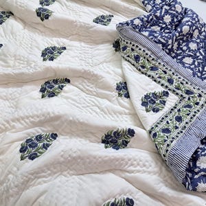 Blue Green Floral Cotton Bedding Set, Duvet Cover with Zipper & Pillowcases, King/Queen/Twin Size Soft  Quilt Cover Botanical Bedroom Decor